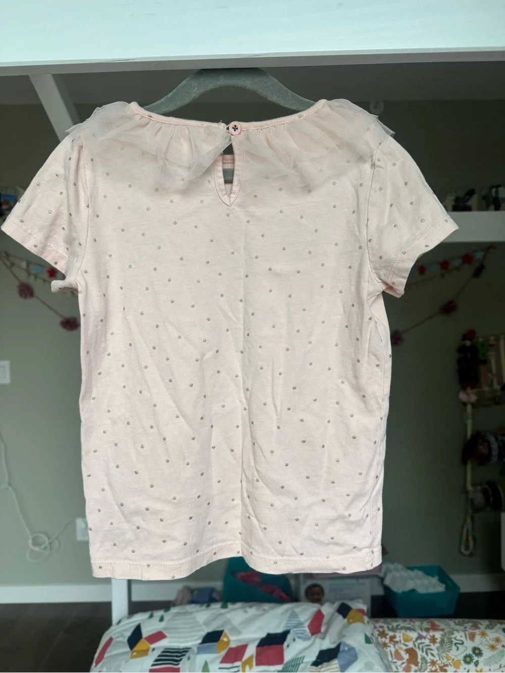 Boden Girls’ Pink Short Sleeve Top with Ruffled Tulle Neckline, Size 6-7
